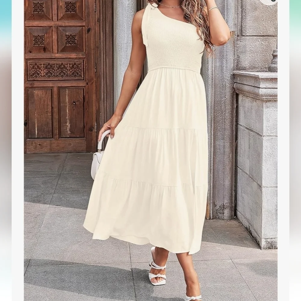 MEROKEETY One Shoulder Sleeveless Knot Smocked Midi Dress in Beige Size XL